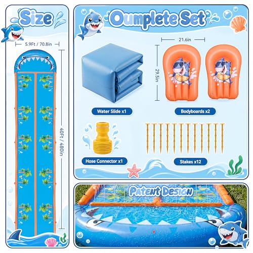 40×5.9FT Heavy Duty Slip and Slide with Sprinkler and 2 Boards, Water Slide for Adults with 3-Way Water Sprinkler, Giant Slip n Slide for Outdoor Backyard Lawn Kids Teens and Adults (Blue&Orange)