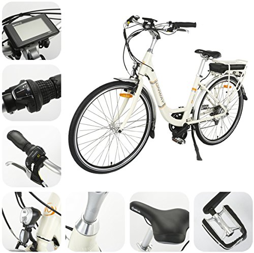 Onway 28 Inch 7 Speed Women City Electric Bike with Pedal Assist, 36V 250W Motor 10.4Ah Sanyo Lithium Battery, 5-Level Assist Electric Bicycle