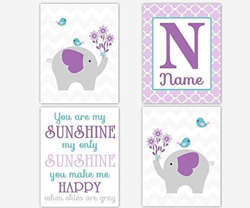 Baby Girl Nursery Wall Decor Purple Lavender Teal Aqua Elephant You Are My Sunshine Personalized Decor 4 UNFRAMED PRINTS