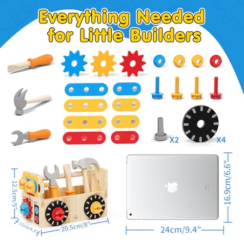 Lehoo Castle Wooden Tool Box for Children from 2 Years, Montessori Craft Toy, Workbench & Case 2-in-1, Fine Motor Skills Learning Toy for Boys and Girls 2-3 Years