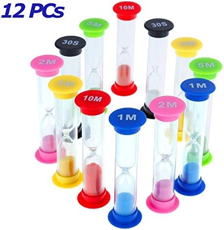 Mini Colored Sandglass Timer Set - Colorful Plastic Hourglass Sand Timer Clock Suit 30sec / 1min / 2mins / 3mins / 5mins / 10minutes (12 pcs) Game Toy for Kids at Kitchen and Classroom by "wonder X"