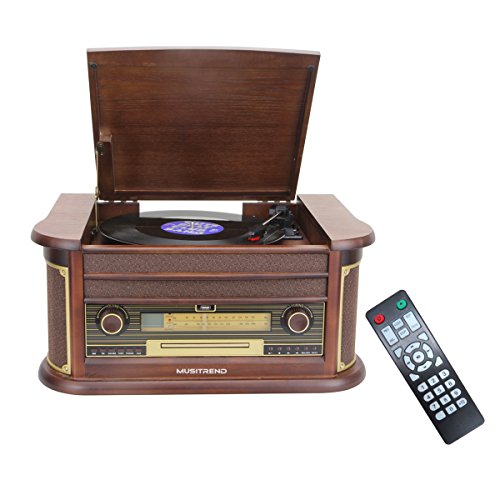 Musitrend-Retro-Vinyl-Record-Player-7-in-1-Nostalgic-Turntable-with-Bluetooth-USB-encoding-Cassette-CD-AMFM-radio-Remote-Mahogany