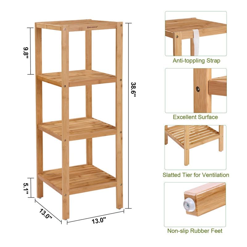 SONGMICS 4-Tier Bamboo Bathroom Shelf, Narrow Shelving Unit ...