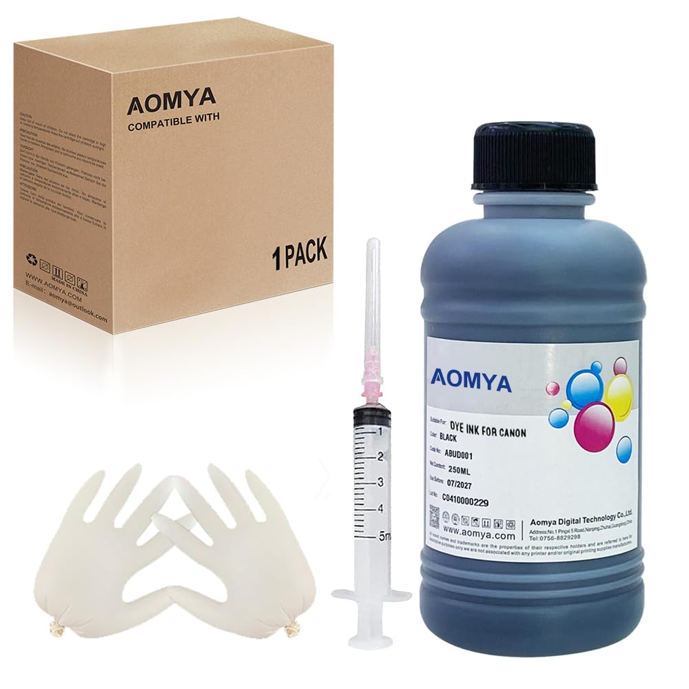 Universal Printer Ink Cartridges 250ML 8.79oz Black Color Refill Ink Replacement for HP Canon Lexmark Brother Ricoh Refillable Ink Cartridges and CISS Dye Ink with Syringe & Glove