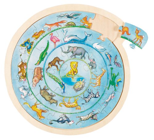 goki 57790 Einlegepuzzle Tierkreis aus Holz, Holzpuzzle mit 32 unterschiedlichen Tieren, Lernspielzeug und Kinderpuzzle, fördert Fantasie und Motorik, 30cm x 30cm, 27er Set, ab 3 Jahre