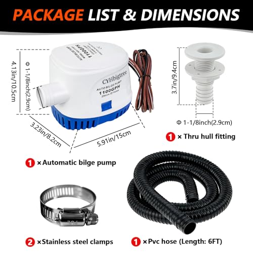 1100GPH Automatic Boat Bilge Water Pump Kit, 1-1/8 inch 12V Small Marine Bilge Pump with Float Switch, 6FT Hose, 2 Clamps, Thru-Hull Fitting, Ideal for Fishing Boats, Cruisers, Runabouts, Yachts