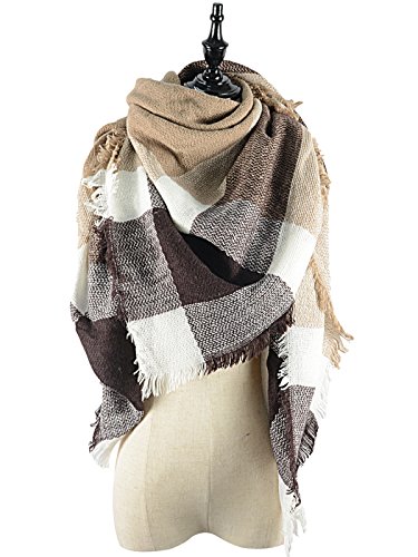 Women's Soft Warm Plaid Tartan Tassels Scarf Fall Winter Large Checked Blanket Scarves Wrap Shawl Pashminas Brown White Plaid