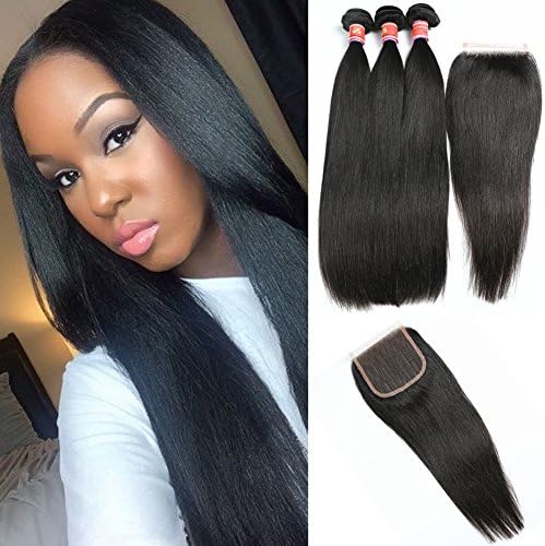 Ali Great 8A Quality Brazilian Straight Virgin Hair 3 Bundles With Lace Closure Grace Unprocessed Straight Human Hair With Closure Free Part (18with20 22 24)
