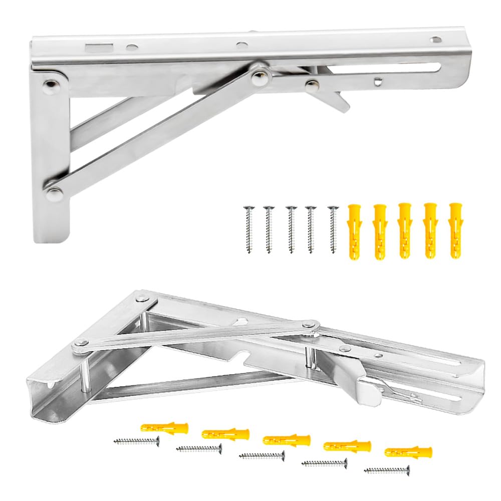 Hocansen 2Pcs Stainless Steel Foldable Brackets L Shelf Collapsible Brackets Silver Wall Mounted Shelf Bracket Max Load 132 lb Collapsible Shelf Bracket for Table Bookcase (ZDJ/Silver 200mm)