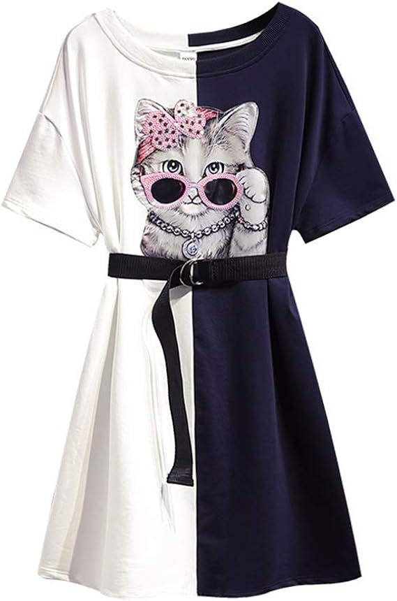 Amazon リングルー ワンピース レディース 切り替え ハイウエスト ベルトつき 半袖 猫柄 ロンt シルエット ひざ丈 リボン カジュアル ワンピース 大きいサイズ シンプル スパンコール ドレス プリント ワンピース チュニック 通販