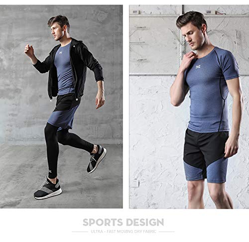 BUYJYA 5Pcs Men's Workout Set with Pants, Long Sleeve Shirts,Shorts,Jacket and Short Sleeve Space Blue