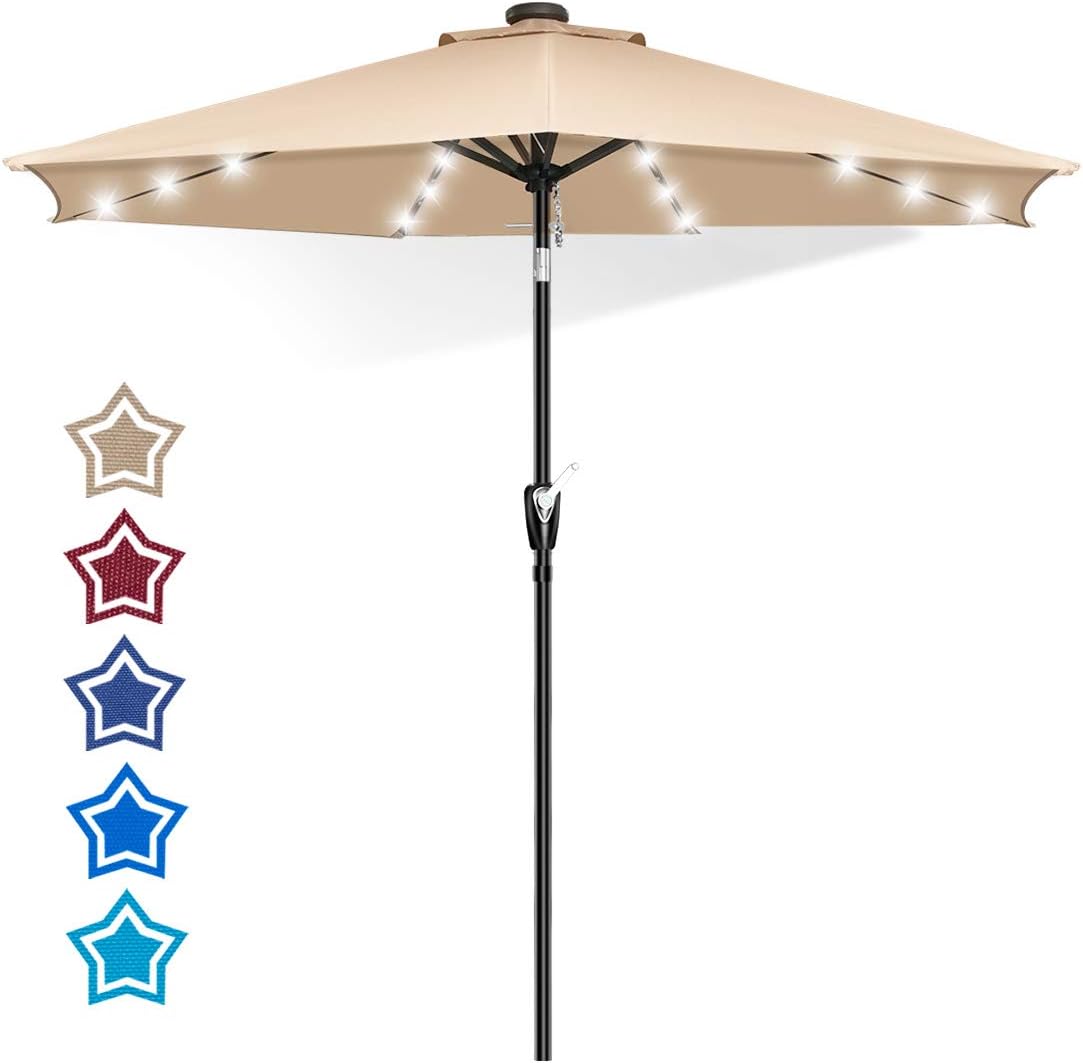 Amazon Com Fruiteam Solar Patio Umbrella Outdoor Led Umbrella 7 1 2 Ft Table Umbrella With Lights Heavy Duty Patio Umbrella With Sturdy Ribs Crank Easy Tilt Adjustment Khaki Garden Outdoor