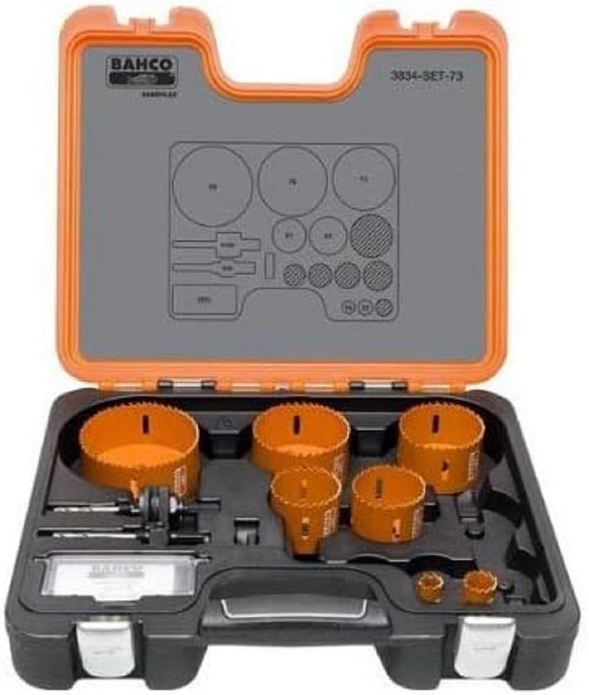 Bahco 3834-SET-73-22/68 "Sand Flex" Bi-Metal Hole Saw, 0 V, Black/Orange, 22-68 mm, Set of 10 Piece