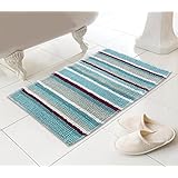 Chenille Soft Touch Absorbent Microstripe Striped Heavy Weight Bath Mat Rug Bathroom Toilet Teal Blue
