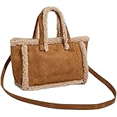 Women Suede Tote, Faux Shearling Trim and Detachable Strap, Fluffy Fuzzy Autumn Winter fashion Crossbody bag