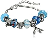 Charmed Feelings Light Blue Murano Style Glass Beads and Charm Bracelet, 7.25" + 1.5" Extender