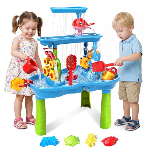 Water Table for Toddlers 3-5 | 3-Tier Kids Water Table Toys, Rain Showers Splash Pond for Outdoor Beach Backyard Summer, Outdoors Play Sensory Play Table Pond for Boys Girls 3-5 4-8