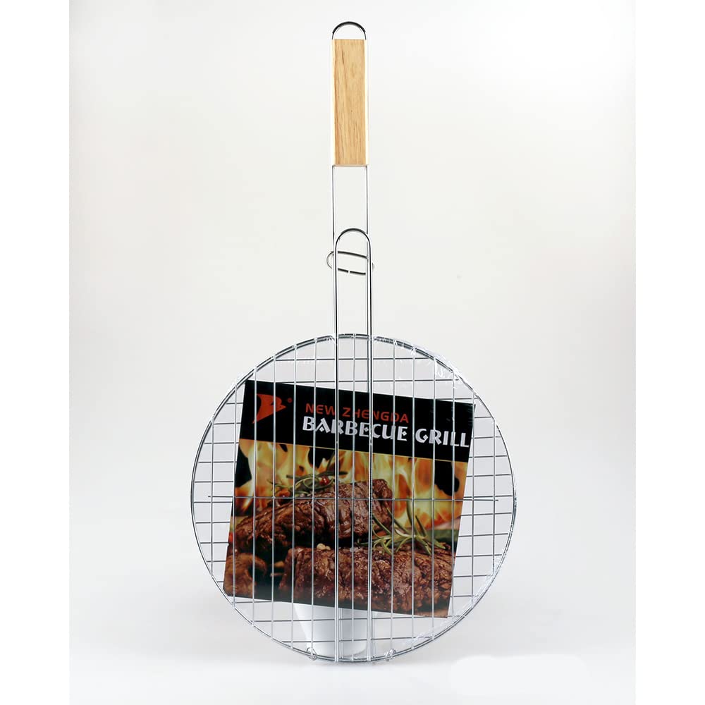 Round Barbecue Grill Basket Turner with Wooden Handle 30cm, Silver
