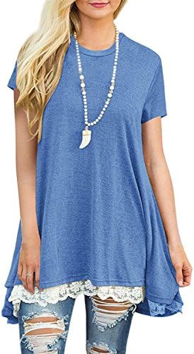 YIOIOIO Womens Short Sleeve Summer Flowy A-Line Tunic T-Shirt High Low Lace Tops
