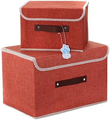 Larger&amp;Small Multifunction Foldable Polyester Linen Canvas Storage Containers,Convenient Cubes Basket Storage Bin with Lid for Clothing,sock,underwear,Toys,Books,Art,Craft supplies ect (Orange)