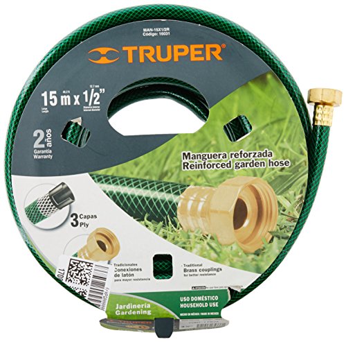 TRUPER MAN-15X1/2R 1/2" Reinforced Hoses, 3-Ply, Brass Fittings 49Ft (15m)