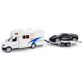 Toy Camper RV Trailer Towing Supercar Sports Model Car Diecast Motorhome Toys for Boys Pull Back Toy Cars, Beach Sandbox Outdoor Adventure Play Set, 4 5 6 7 Years Old Kids Gifts, White