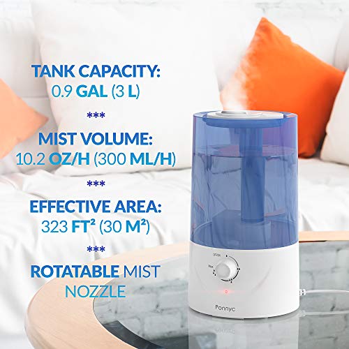 PONNYC Cool Mist Humidifier - Rotatable Mist Nozzle - Ultrasonic Humidifier for â€ŽBedroom, Baby room, Home, Office, Gym - Essential Oils Diffuser - Premium Air Humidifier - 0.9 Gal, 9 hours of workâ€Ž