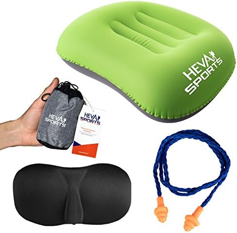 Inflatable Camping Pillow Set by Heva Sports | Compact, Non-slip Neck and Head Rest Blow-up Cushion + Sleep Mask and Corded Earplugs