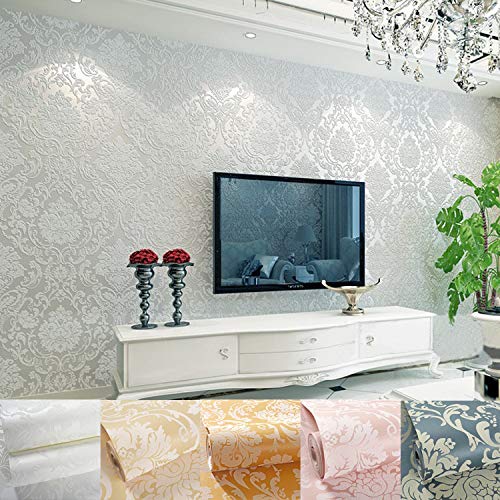 9.5X0.53M 3D Vintage Victorian 5 Colors Luxury Damask Embossed Flock Textured Non-Woven Wallpaper Roll for Bedroom Livingroom 1.73' W x 31.2' L=5.035㎡ (54sq.ft) (Cream White)