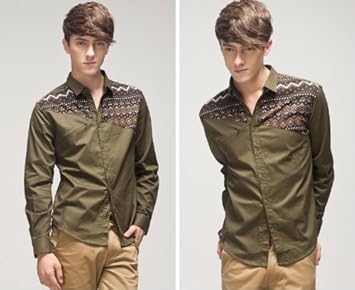 Amazon Co Jp Ko Sen1271 マンズファッション ワイシャツ 紳士 有名なブランド レジャー イギリス 民族風 長袖 グリーン Xl スポーツ アウトドア