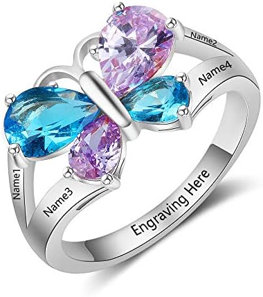 Custom Name Rings for Women Mothers Ring with 4 Simulated Birthstones Promise Butterfly Rings for Her