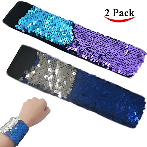 Mermaid Bracelet for Girls, Party Favors, Two-color Reversible Charm Sequins Wristband Magic Mermaid Bracelets for Kids, Boys - Super-soft Velvet Lining (Blue&Purple+Royalblue&Silver, 2Pack)
