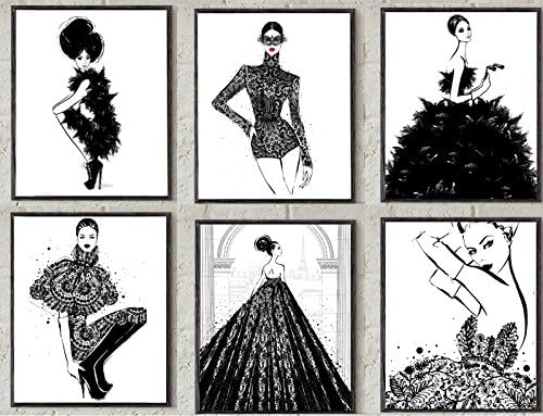 6 x Art PRINTS - FASHION PRINTS - FASHION ILLUSTRATION - Interior Design - MODERN ART - Wall Art - Luxury - Poster Art - Poster Prints - Living Room - Hall - Bedroom - Black & White Art - Wall Decor - Present - Gift - Painting - Ink (41cm x 30cms (A3))