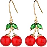 VONSSY Cherry Earrings | Simulated Gemstones Drop Dangle Red Earrings | Stylish Platinum/Rose Gold Leverback Cherry Crystal Stud | Shell Pearl Earrings | Cherry Jewelry Gift for Lovers