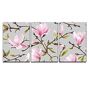 3 Piece Canvas Wall Art - Vector - Seamless Floral Pattern. Magnolia Flowers and Leaves Background. Exotic Flower - Modern Home Art Stretched and Framed Ready to Hang - 16"x24"x3 Panels
