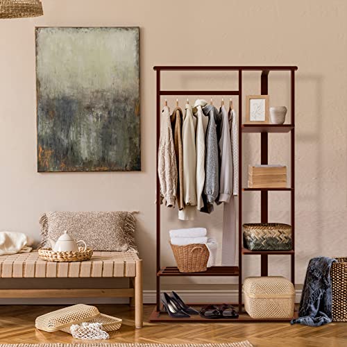 medla Bamboo Clothes Rack Stand: Cloth Hanger Wood Clothing Hanging Rail Standing Garment Rack with 1 Hanging Rod 3 Tier Side Storage Shelves and 2 Tier Bottom Shelves for bedroom Office Home