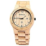 Bewell Mens Wooden Watch Analog Quartz Lightweight Handmade Wood Wrist Watch with Date (Maplewood) …