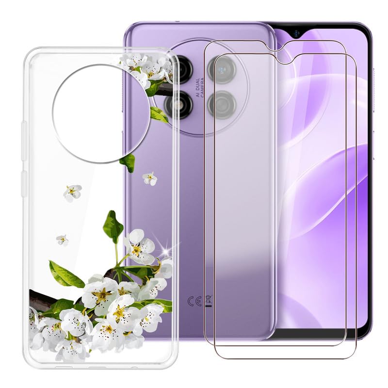 BUNAL for Ulefone Note 15 (6.22") Phone Case + Screen Protector(2 Pack), Cover Bumper Ultra Thin Silicone Shockproof Slim TPU + Tempered Glass - Pear Blossoms