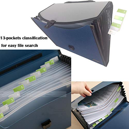 13 Pockets Expanding File Expandable Portable Expanding Accordion Folders Hand-Held Accordion File Document Folder File Organizer A4 and Letter Size(13 Pockets Expandable Portable Blue)