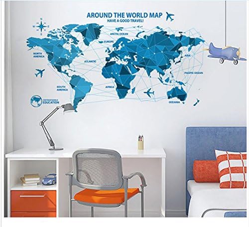 Cartoon Background Colorful English Words World Map Wall Art Decals Stickers Vinyl For Kids Rooms Parlour Television Wall Home (Blue)