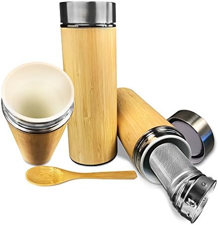 Bamboo Ceramic Travel Tea Mug - NEW Premium Thermos Tumbler With Non Leaking Screw Top Lid And Tea Infuser 10 OZ By Taste The Earth
