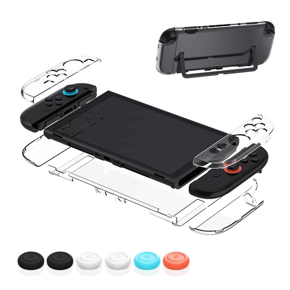 iH·Kdw Protective Case Compatible with Nintendo Switch 2 (2025), Dockable Switch 2 Case, Transparent Slim Cover for Joy-Con & Grip, Anti-Scratch, Shock-Proof, Includes 6 Thumb Grip Caps - Clear