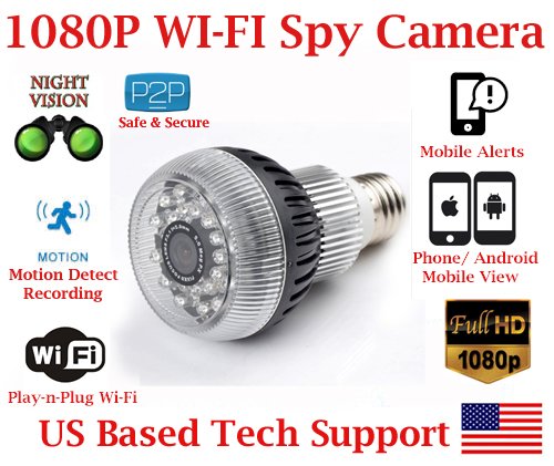 AES Night Vision Light Bulb Wi-Fi Spy Camera with IR Night Vision 1080P Resolution SD Card Slot Remo