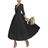 Xtulle 2026 Wedding Guest Dresses Tea Length Middle Sleeves Satin Tulle Formal Dress for Women Deep V Neck Gown JS337