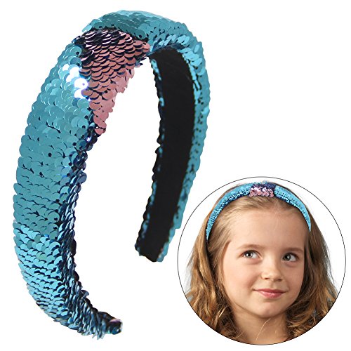 Basumee Mermaid Sequin Headband, Magic Reversible Sequins Padded Alice Hair Band for Girls and Women (Teal and Lotus Pink) - Thumbnail 6