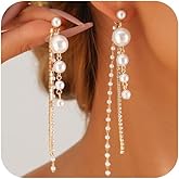 Long Large Pearl Dangling Earrings for Women Dainty Big Round Pearls Rhinestone Drop Dangle Earring Trendy Cubic Zirconia Tassel Statement Jewelry