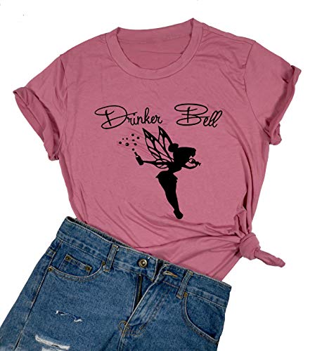 YUYUEYUE Drinkerbell Fairy O-Neck T Shirt Women Tinkerbell Funny Graphic Printed Short Sleeve Drinking Party Top Tees (Medium, Pink)