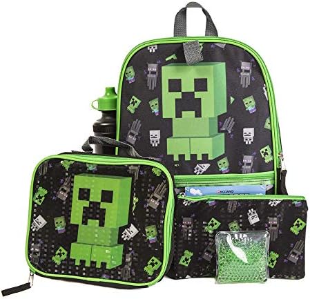 Kids Minecraft 5-Piece Backpack Set – Green, Large, Polyester Canvas, USA