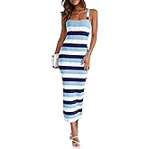 Saodimallsu Womens Striped Bodycon Midi Dress Sleeveless Square Neck Color Block Knit Summer Tank Dresses