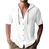 Lingt Chic Men's Cotton Linen Hooded Short Sleeve Button Shirt Lightweight Summer Casual Beach Vacation Hoodie Top